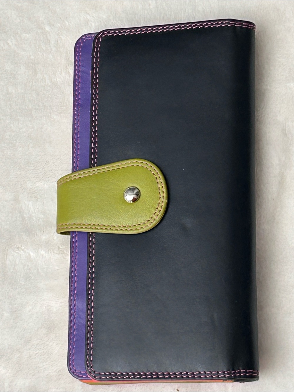 Multi-colored Leather Wallet Black Front, Orange Back, Purple Trim, Snap Close